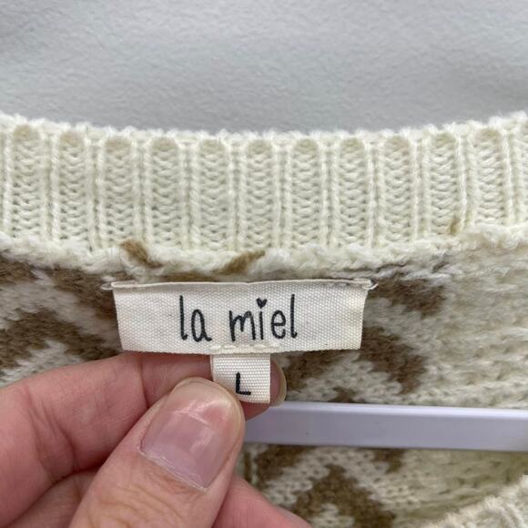 La Miel Short Sleeve Sweater Womens Large Cream Western Boho Open Knit Oversized - Picture 4 of 5